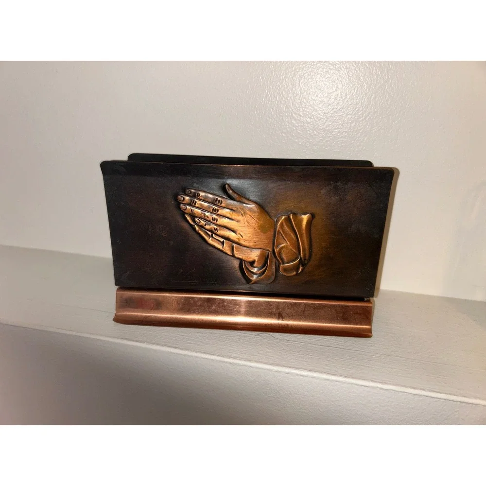 Vintage Copper Praying Hands Napkin Holder Religious Letter Mail Organizer
